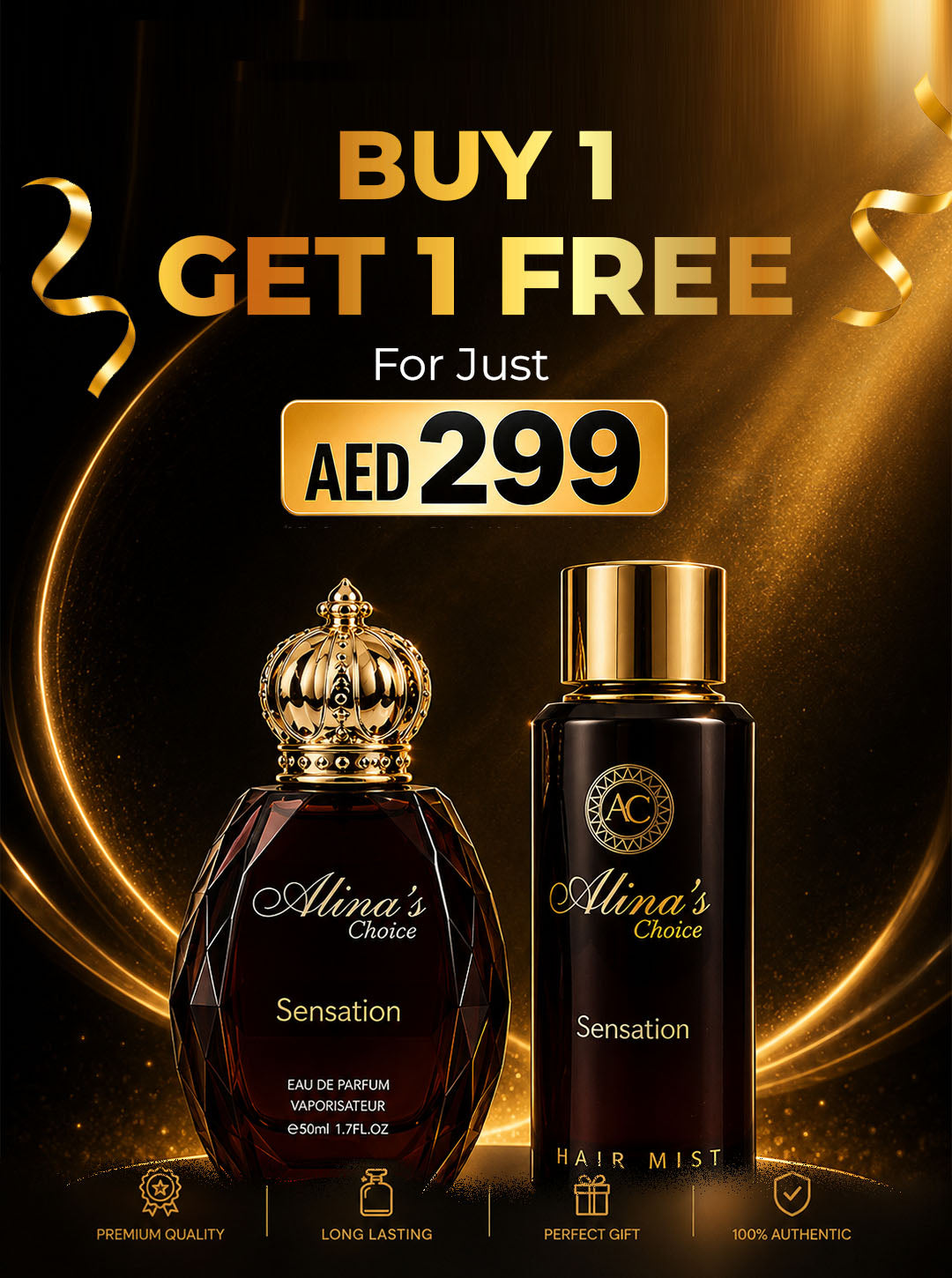 Alina's Choice Sensation Buy 1 Perfume and get 1 Hair Mist FREE — all for just AED 299